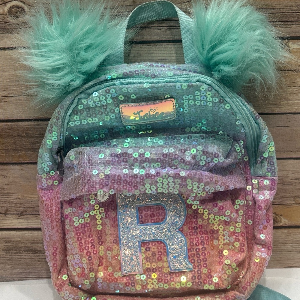 Justice Iridescent Sequin Initial R Multicolor Mini Backpack Travel Kids Tweens
